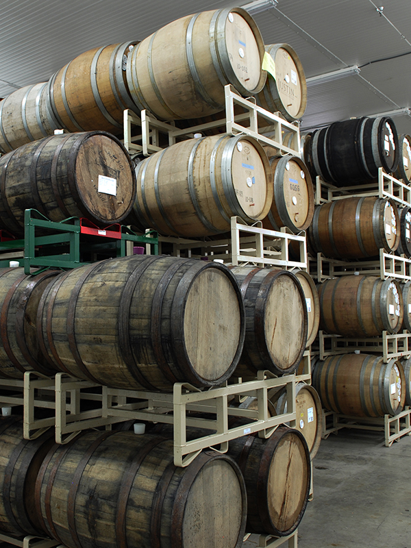 Stack of beer barrels in a large rack
